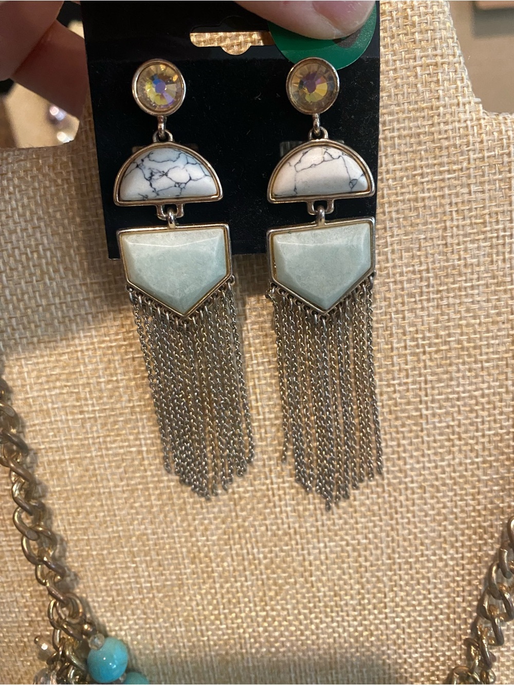 White & Light Turquoise Statement Dangle Earrings Gold Chain Tassel Boho Coastal